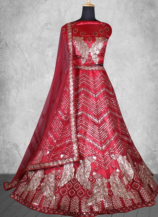 Net Red Wedding Wear Sequins Work Lehenga Choli